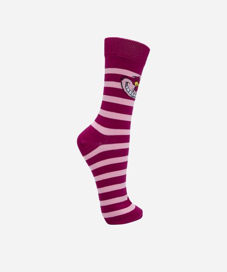 meia cano alto gato alice no país das maravilhas listrada rosa 37-40