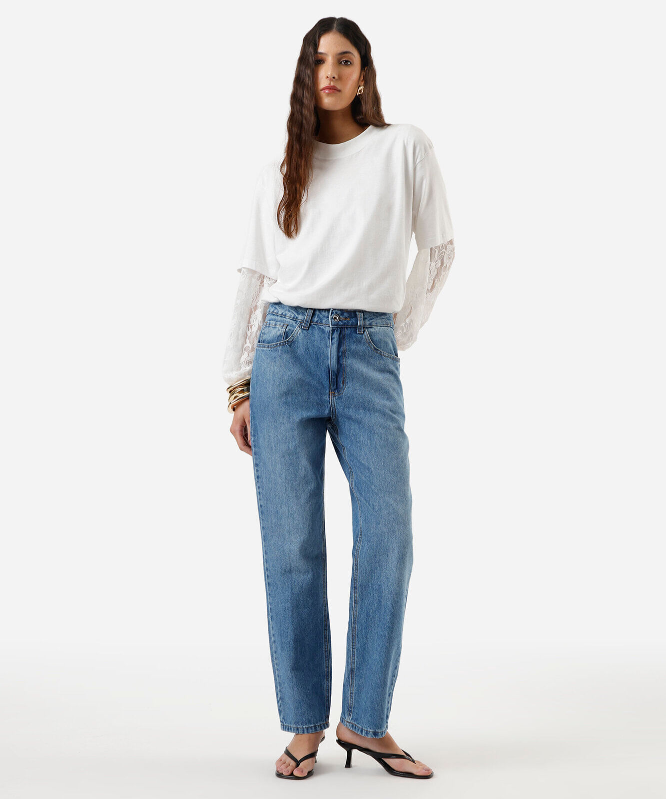 Vista 2 calça slim feminina jeans cintura alta azul C&A Jeans Medio C&A Jeans Medio