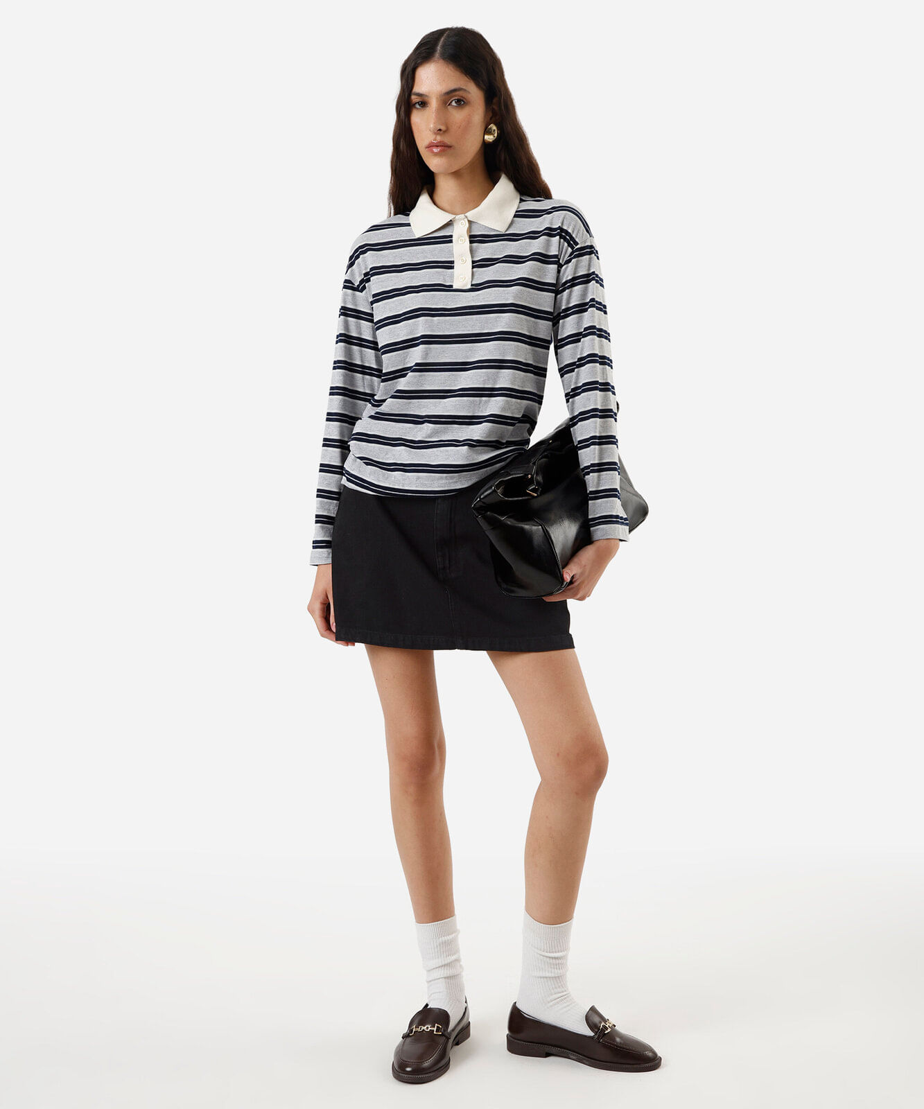 Vista 2 minissaia feminina jeans cintura alta preta C&A Black Jeans C&A Black Jeans