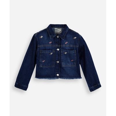 jaqueta infantil jeans com bordado floral azul