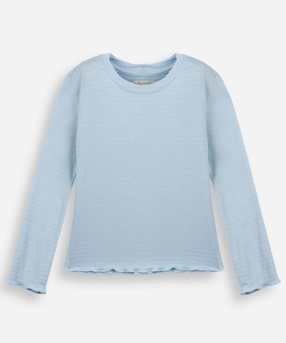 blusa infantil manga longa texturizada com fru fru azul