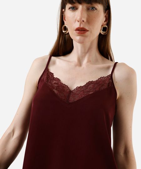 regata alça fina feminina com renda acetinada vinho G regata alça fina feminina com renda acetinada vinho G