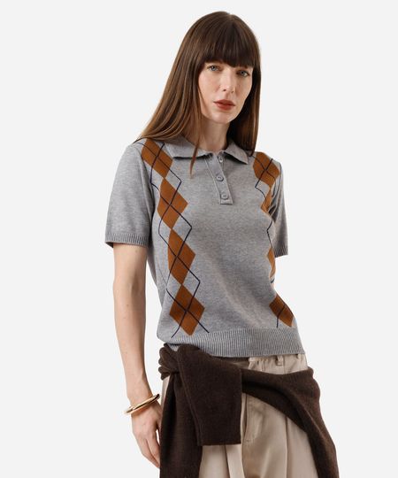 polo feminina de tricot manga curta xadrez cinza M