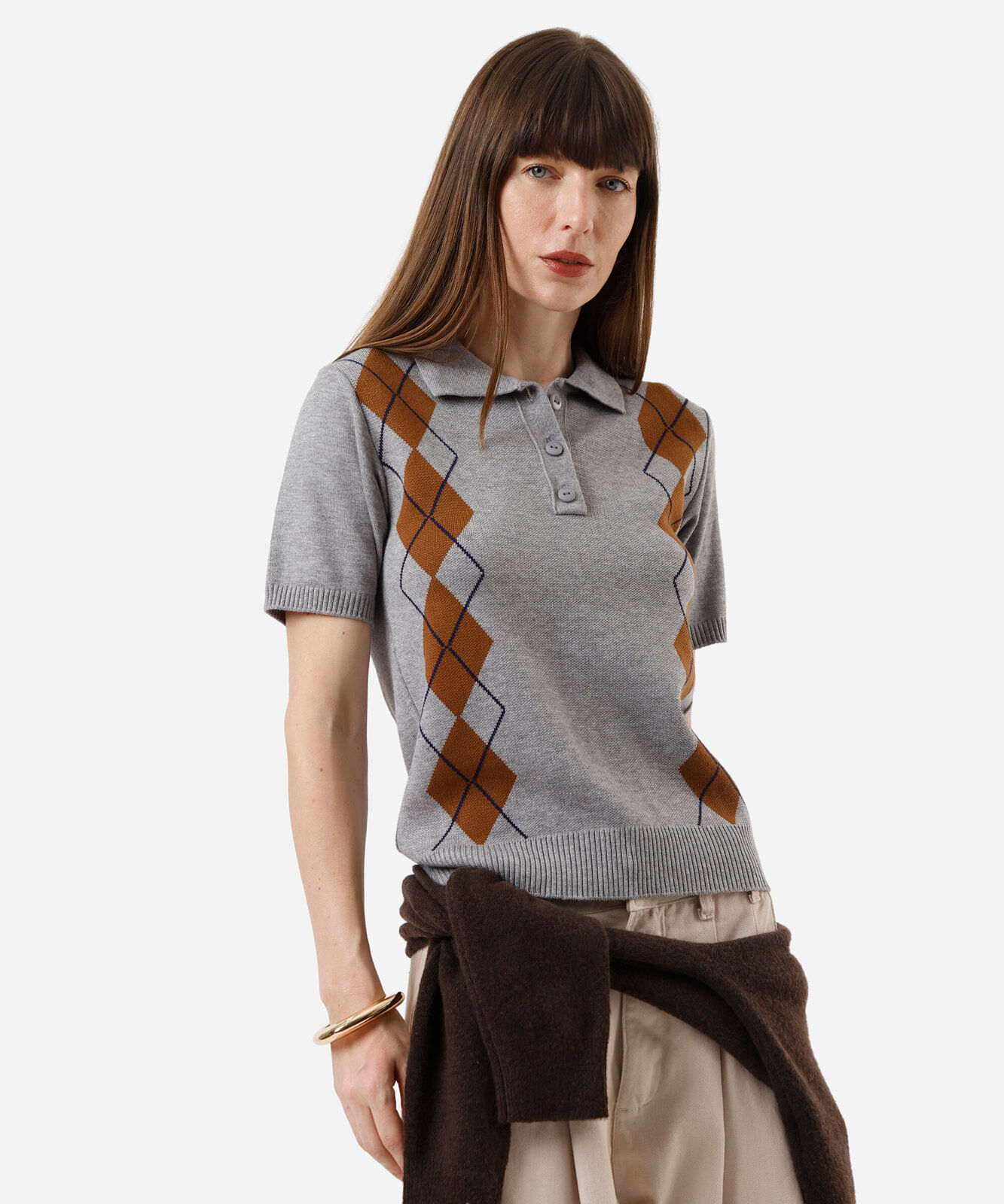 polo feminina de tricot manga curta xadrez cinza