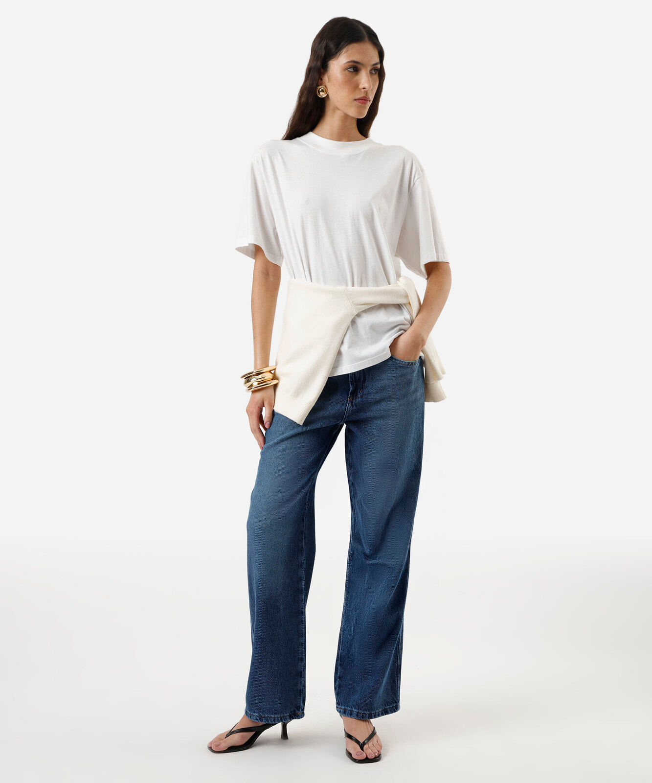 calça wide leg slim feminina jeans cintura média azul