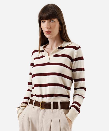 polo básica feminina de tricot manga longa listrada bege PP