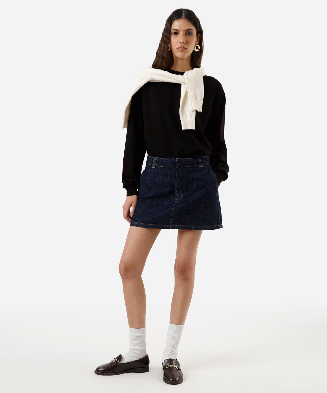 Vista 2 minissaia feminina jeans cintura alta azul C&A Jeans Escuro C&A Jeans Escuro