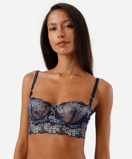 sutiã cropped meia taça feminino de renda floral azul 42 sutiã cropped meia taça feminino de renda floral azul 42