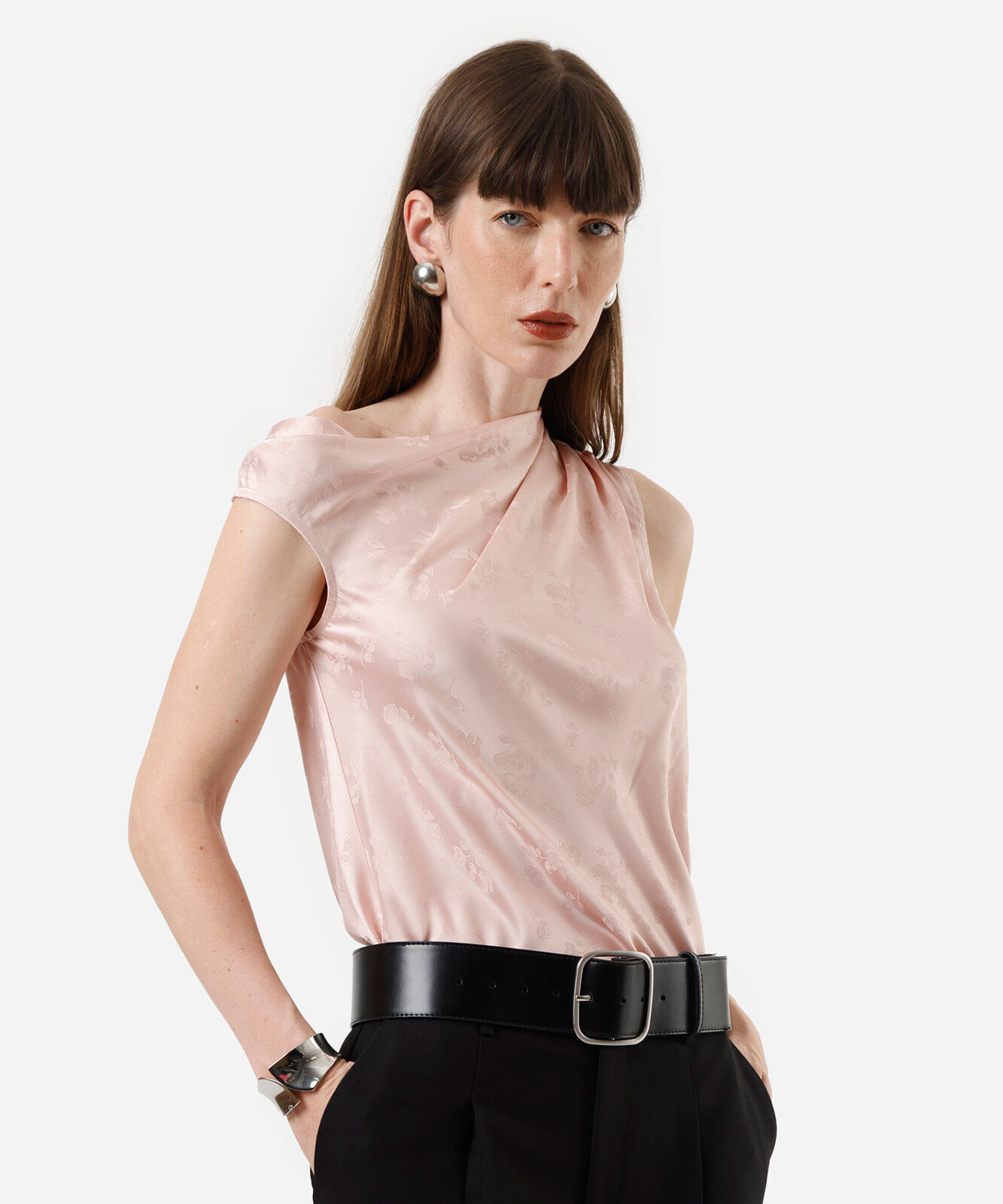 blusa feminina de jacquard com pregas floral acetinada rosa