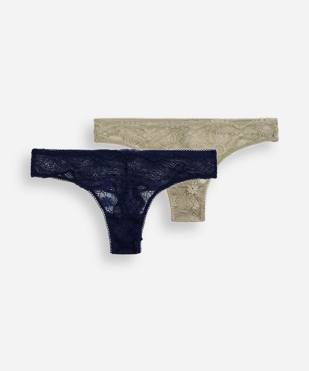 Vista 2 kit de 2 calcinhas fio dental feminino com renda floral colorido C&A SORTIDO (KIT) C&A SORTIDO (KIT)
