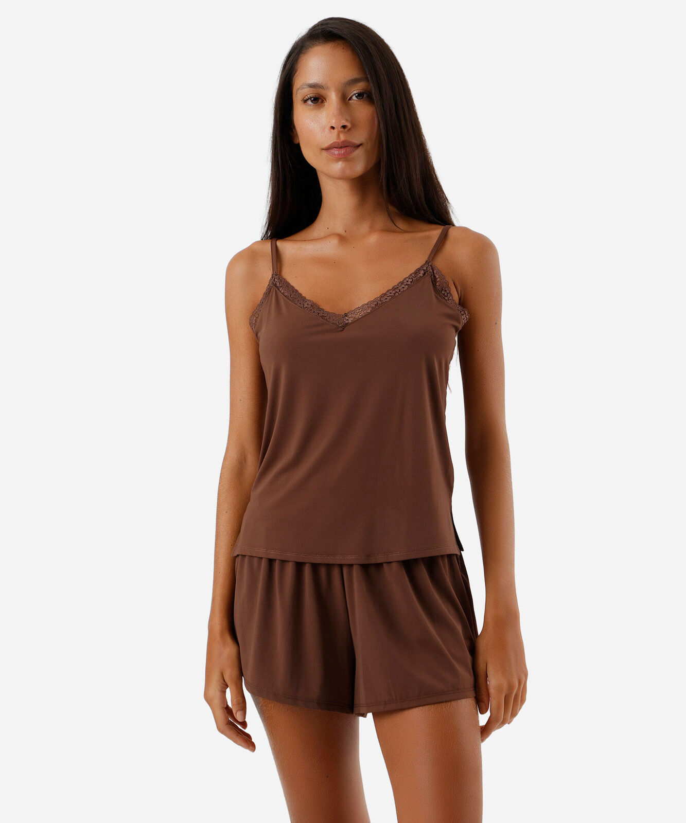 Vista 2 pijama short doll feminino alça fina com renda C&A Rosa C&A Rosa