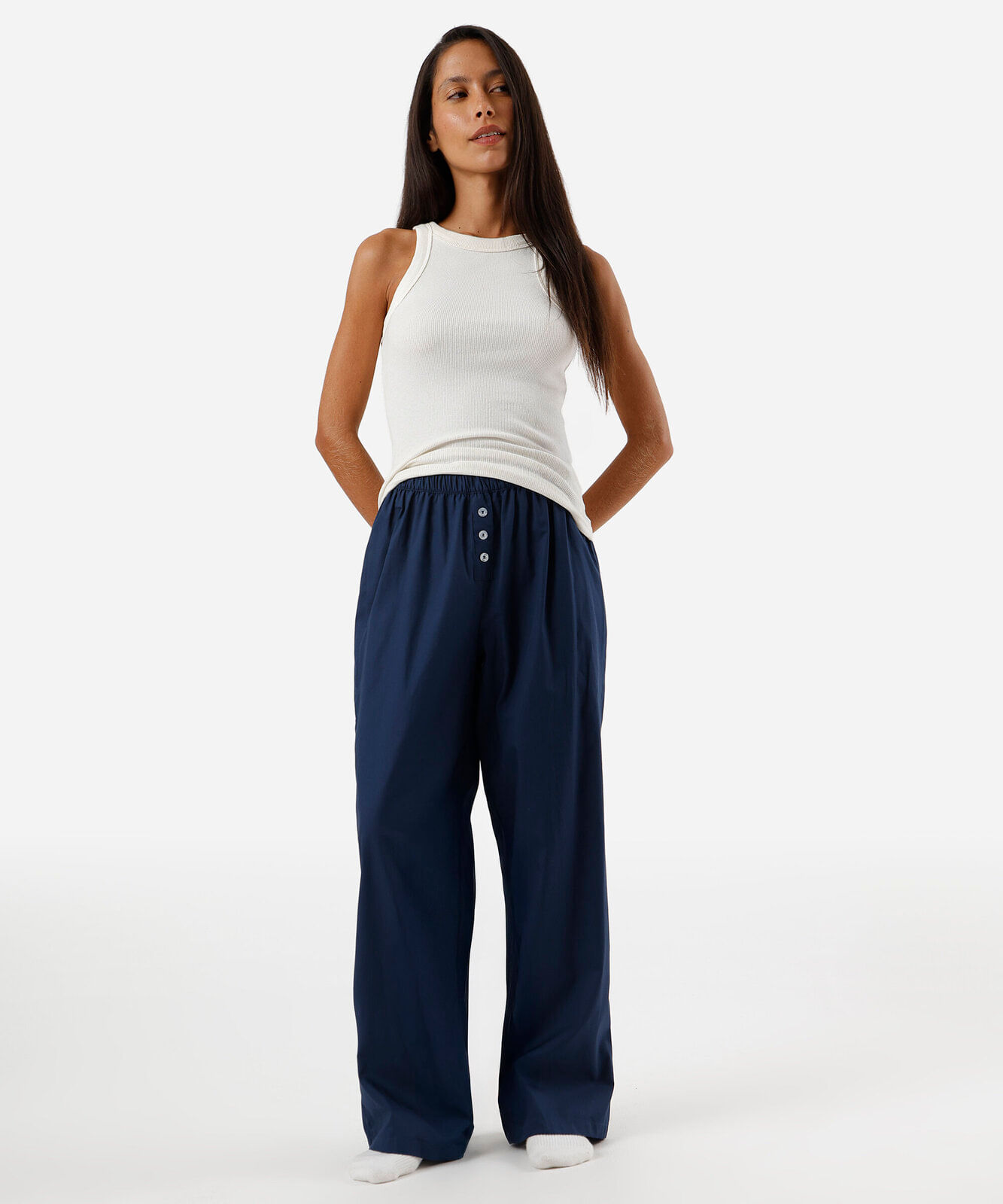 Vista 2 calça feminina de pijama em algodão com botões azul C&A Azul Escuro C&A Azul Escuro