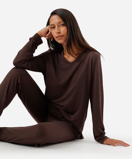 pijama de tricot manga longa marrom P