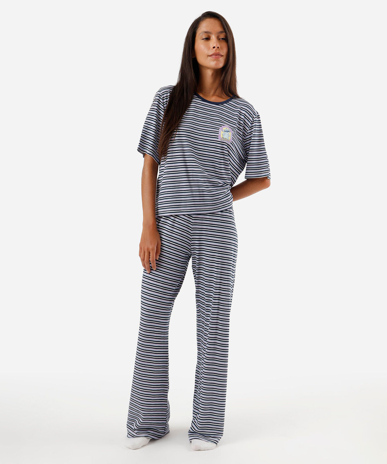 pijama longo feminino de viscose stitch listrado azul