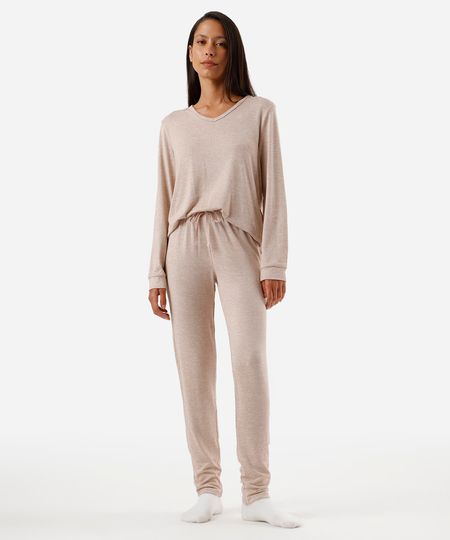 pijama de tricot manga longa bege P