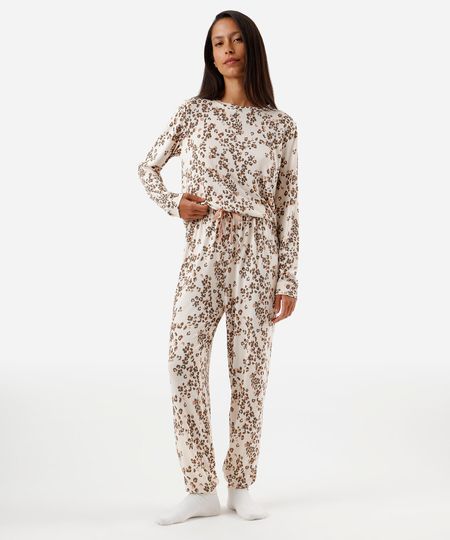 pijama longo feminino floral bege P