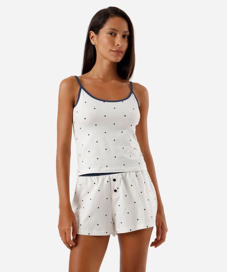 pijama short doll feminino de algodão poá off white GG