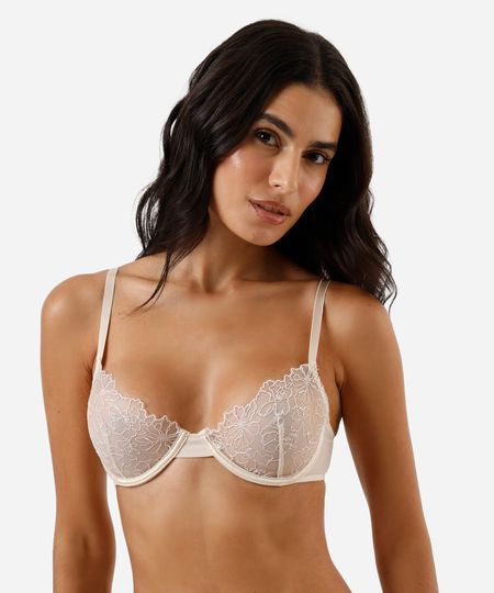 sutiã meia taça sem bojo de tule e renda bege 44 sutiã meia taça sem bojo de tule e renda bege 44