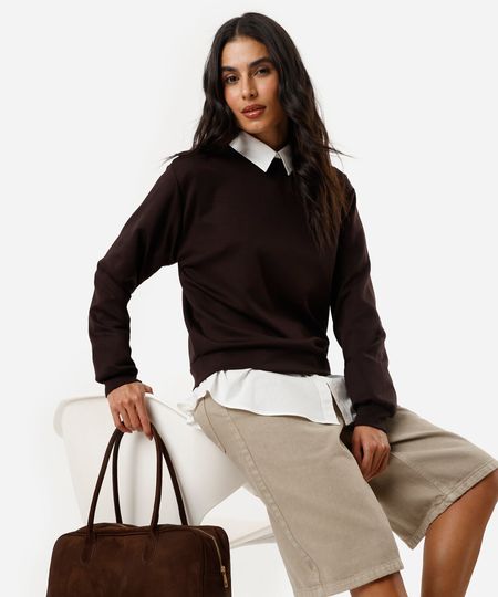 blusão básico alongado feminino de moletom com recorte marrom M blusão básico alongado feminino de moletom com recorte marrom M