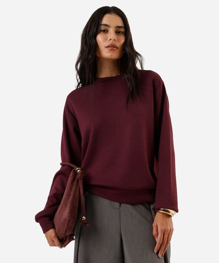 blusão básico alongado feminino de moletom com recorte vinho M blusão básico alongado feminino de moletom com recorte vinho M
