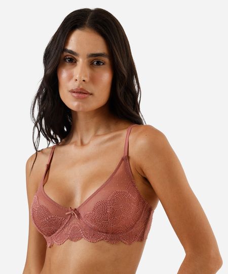 sutiã meia taça sem bojo de tule e renda rosa 46