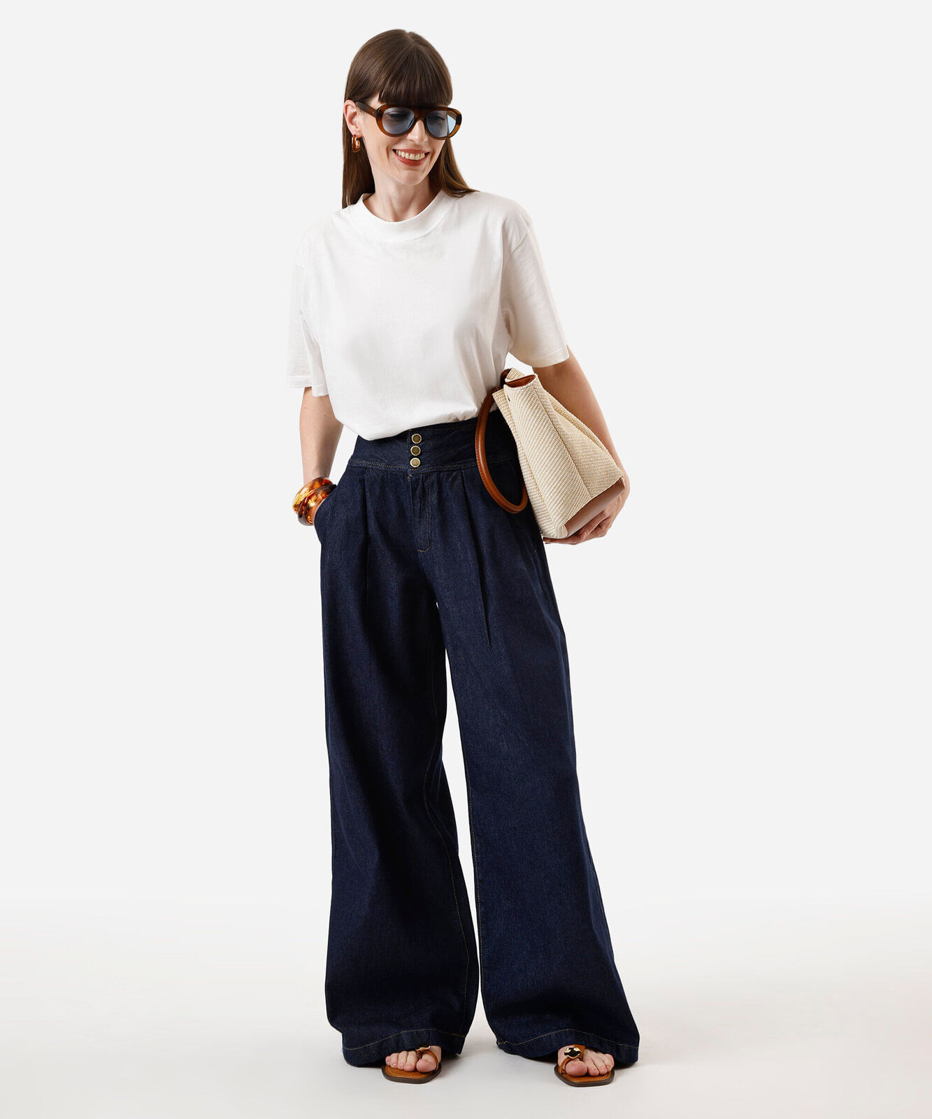 calça pantalona feminina jeans com pregas azul