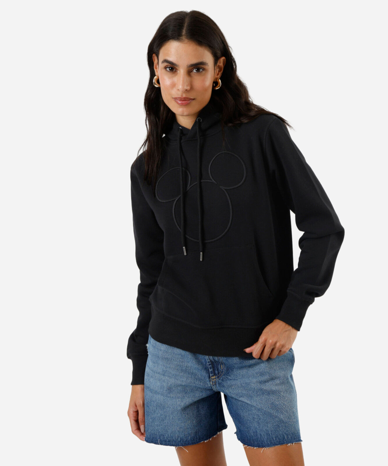 blusão feminino de moletom com capuz mickey preta