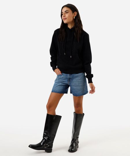short midi jeans mom cintura super alta barra fio azul 34