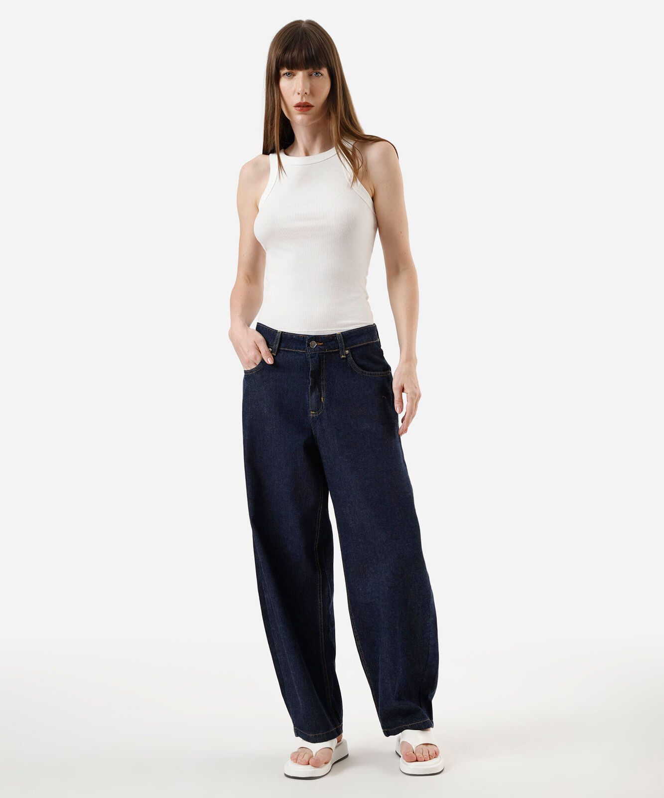 calça balloon feminina jeans cintura baixa azul