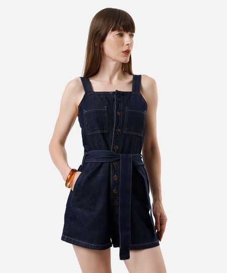 macaquinho feminino jeans com faixa azul PP