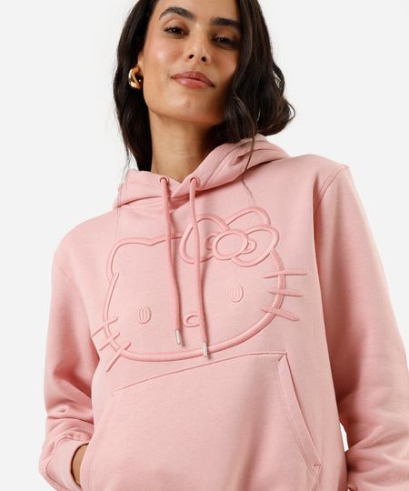 blusão feminino de moletom com capuz bordado hello kitty rosa P