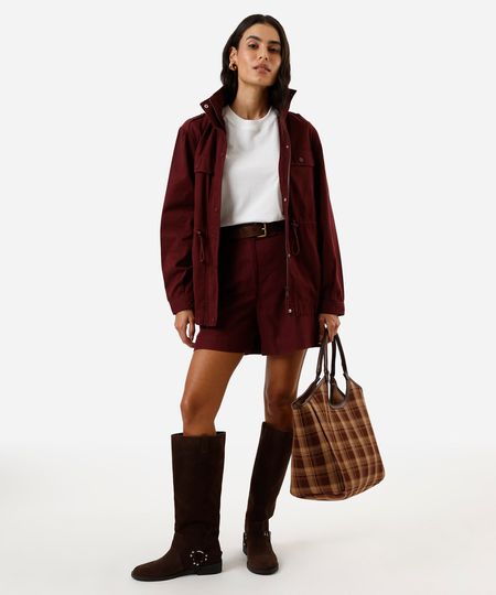 jaqueta parka feminina de sarja com bolsos vinho GG jaqueta parka feminina de sarja com bolsos vinho GG