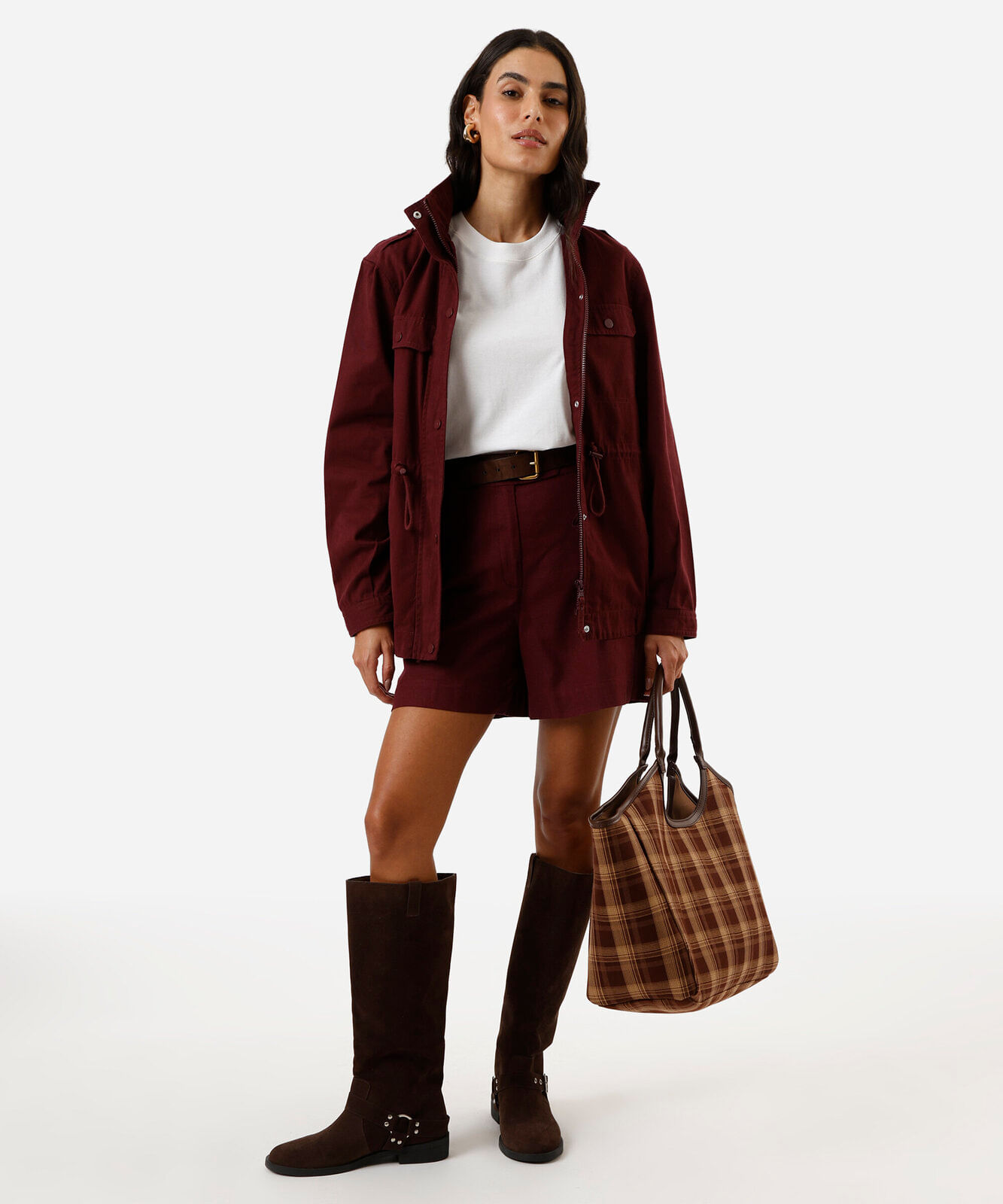 jaqueta parka feminina de sarja com bolsos vinho