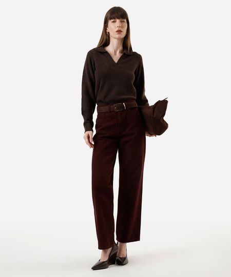 calça wide leg slim feminina de sarja vinho 42