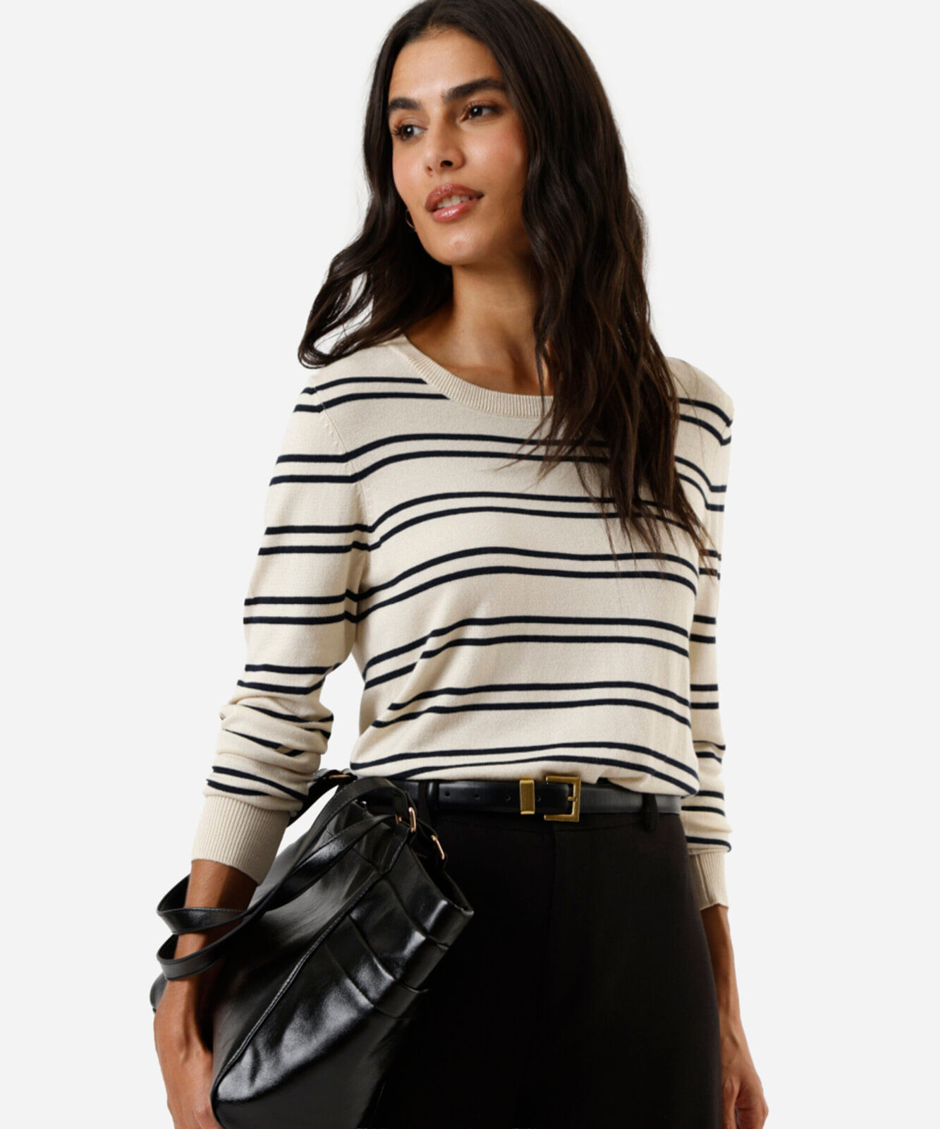 suéter feminino em tricot listrado bege