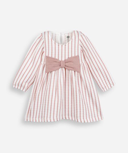 vestido infantil de laço manga longa listrado rosa 6-9