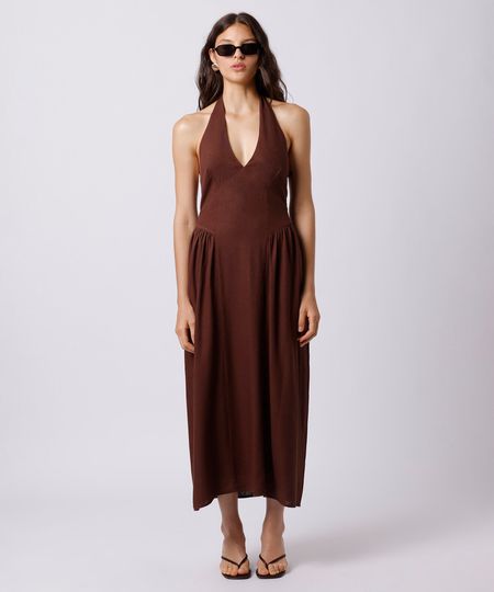 vestido midi frente única feminino com linho e franzido mindset marrom PP vestido midi frente única feminino com linho e franzido mindset marrom PP