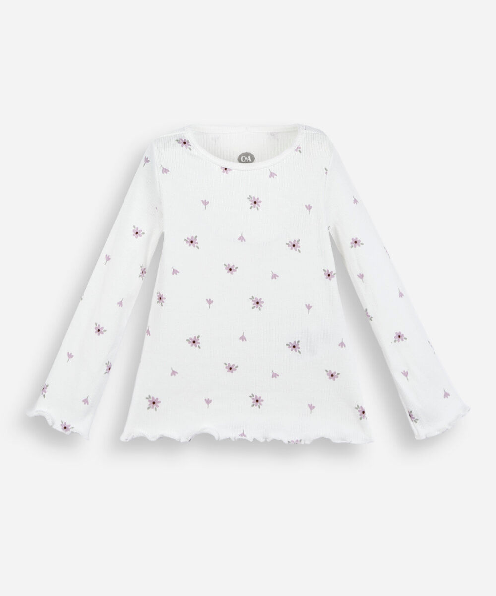 blusa infantil de algodão manga longa floral off white