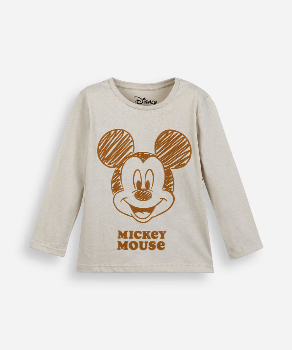 blusa infantil de algodão manga longa mickey bege