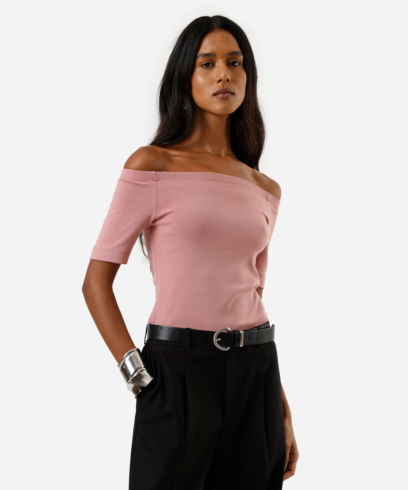 blusa feminina ombro a ombro manga curta rosa