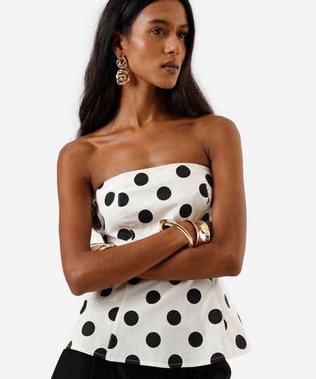 blusa peplum feminina sem alça poá off white PP blusa peplum feminina sem alça poá off white PP