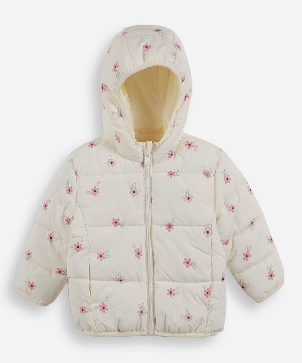 jaqueta puffer infantil com capuz floral off white