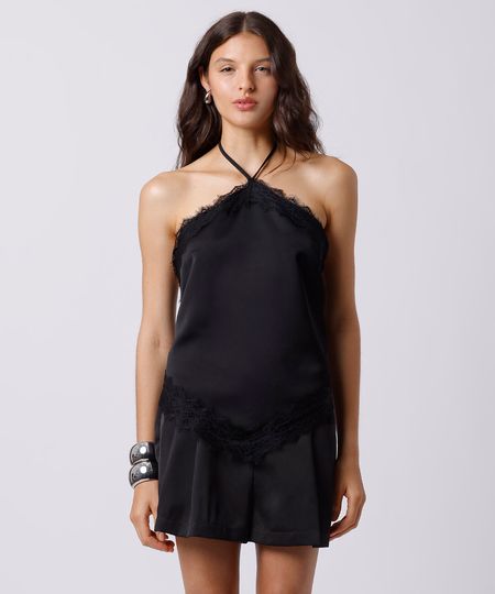 blusa frente única feminina com renda acetinada mindset preta GG blusa frente única feminina com renda acetinada mindset preta GG