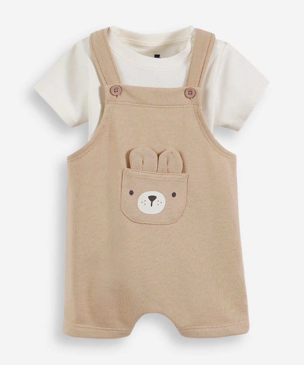 jardineira infantil com algodão urso bege