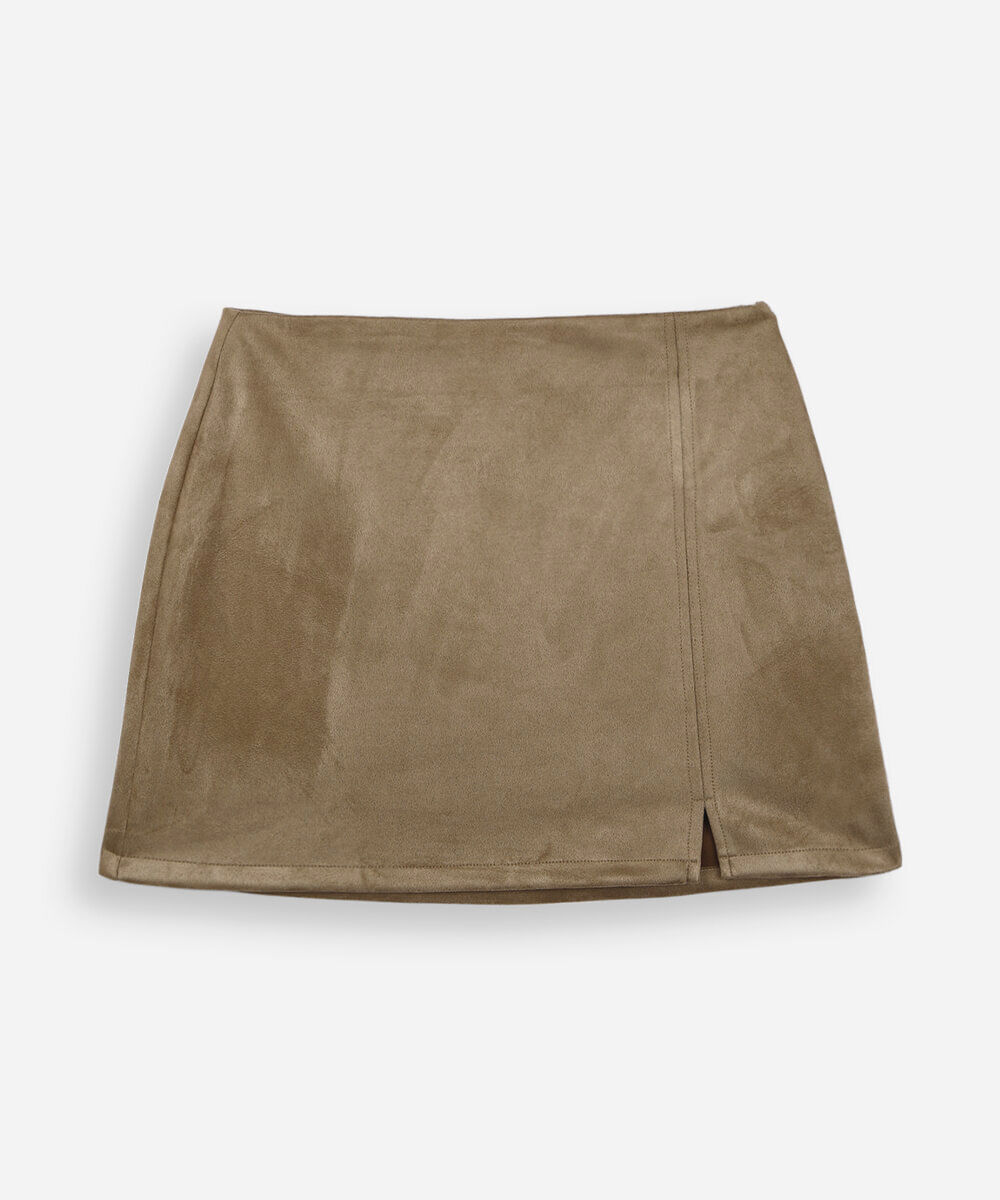 saia curta juvenil com mini fenda suede bege