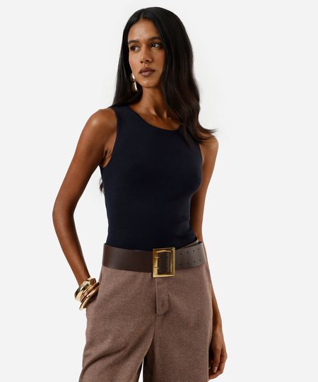 regata feminina de tricot decote redondo azul PP