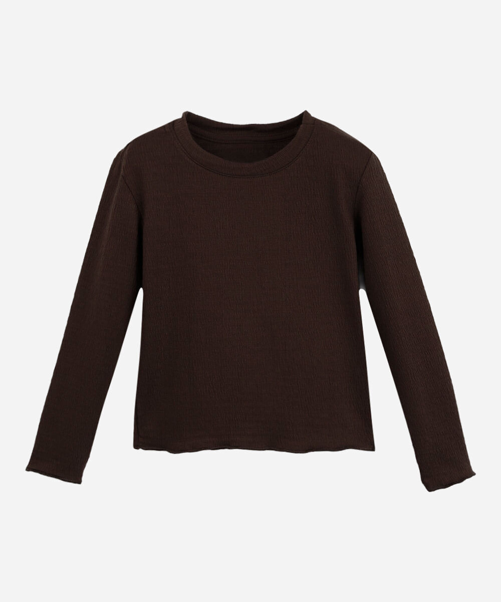 blusa infantil manga longa texturizada com fru fru marrom
