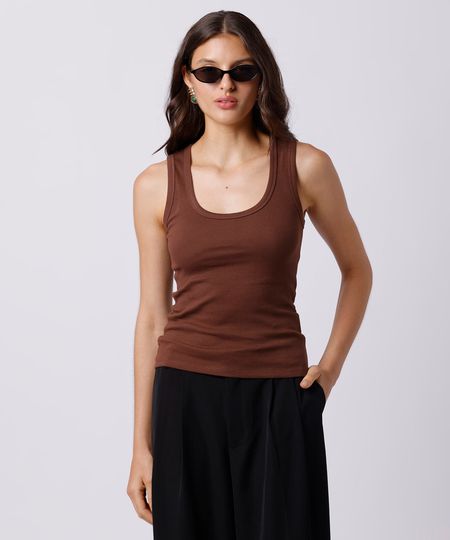 regata feminina de algodão peruano canelada mindset marrom P