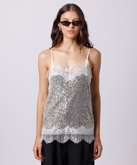 regata alça fina feminina de paetê com renda mindset prateada GG regata alça fina feminina de paetê com renda mindset prateada GG