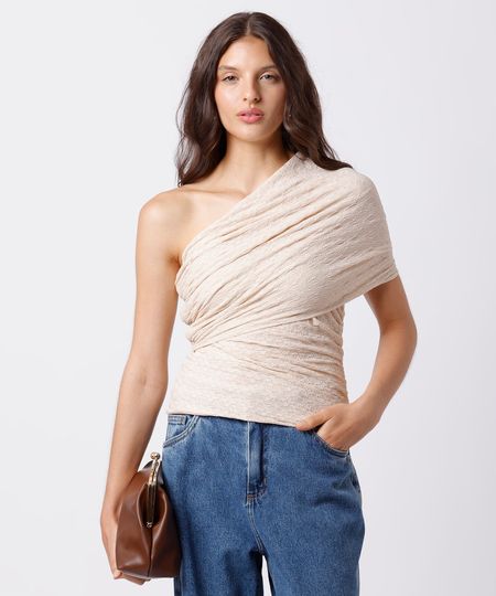 blusa ombro único feminina de renda franzida floral mindset off white PP